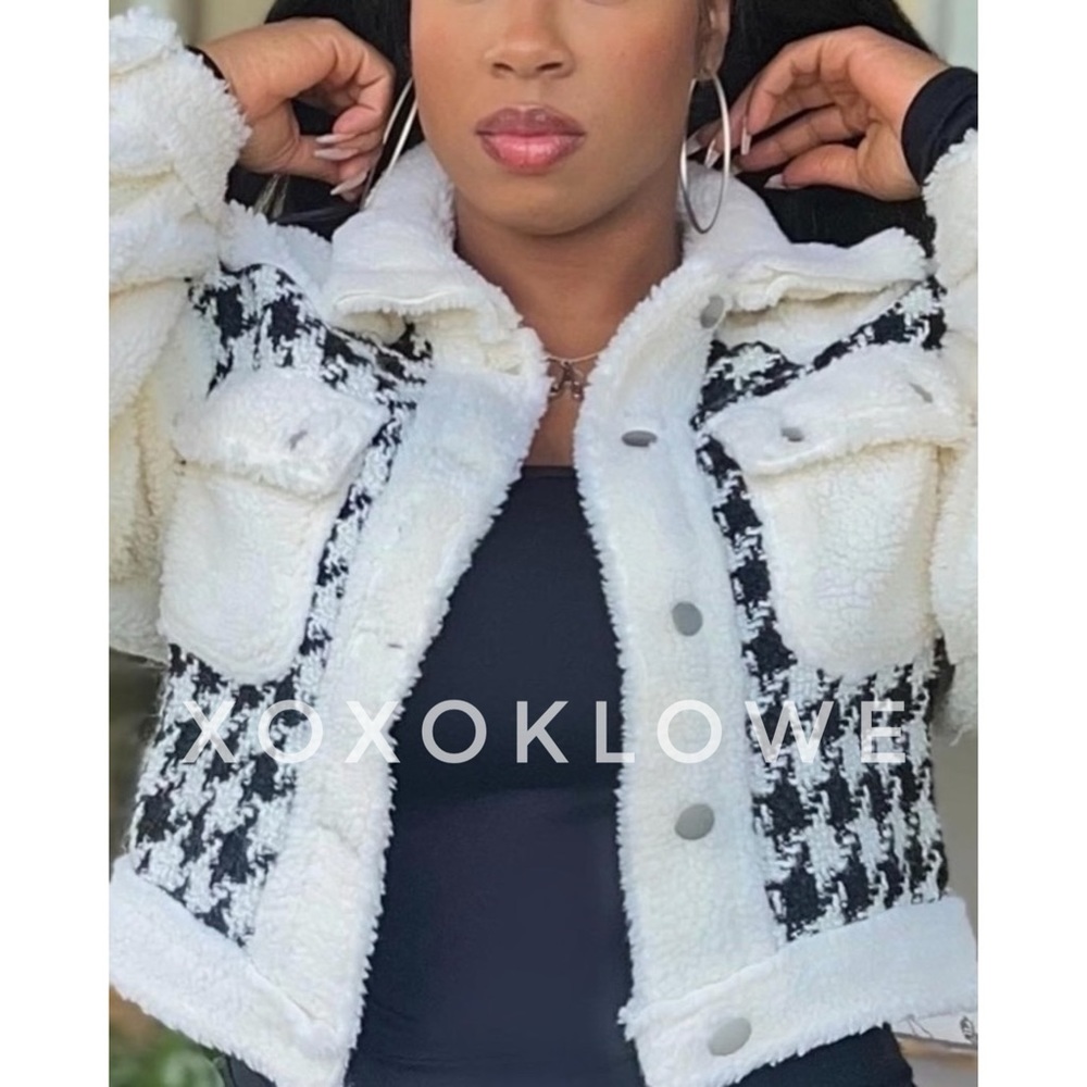POL Ivory Teddy Coat | Houndstooth Sherpa Jacket Oversized Cropped Fit - Picture 4 of 10
